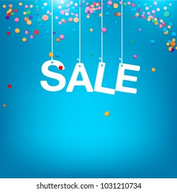 Holiday greeting vector illustration with colorful confetti. Sale