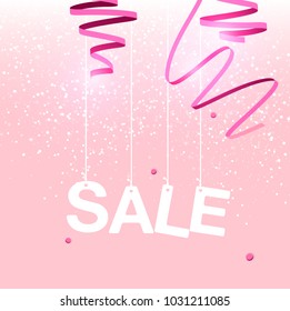Holiday greeting vector illustration with colorful confetti. Sale