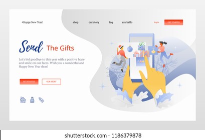 Holiday greeting web page template design. Vector illustration of big hands with smartphone and tiny couple nearby. Vector creative concept of seasonal marketing campaign, web design, mobile app.