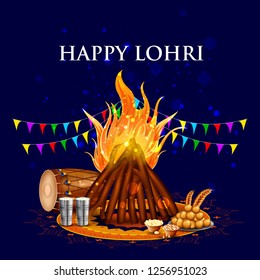 Holiday greetings background for celebrating harvest festival of Punjab India Lohri. Vector illustration