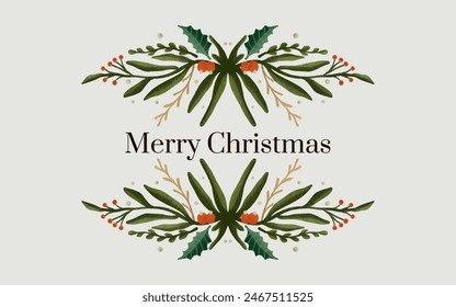 Holiday greetings banner with Christmas garland, winter plant. trendy vintage style.
