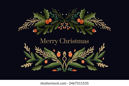 Holiday greetings banner with Christmas garland, winter plant. trendy vintage style.