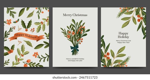 Holiday greetings card with Christmas bouquet floral and winter plant nature ornament. modern style.