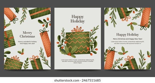 Holiday greetings card with Christmas floral, gift box and winter plant  ornament. modern style.