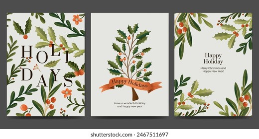 Holiday greetings card with Christmas floral and winter plant nature ornament. modern style.