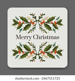 Holiday greetings card with Christmas garland, winter plant. trendy vintage style.