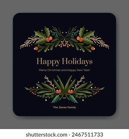 Holiday greetings card with Christmas garland, winter plant. trendy vintage style.