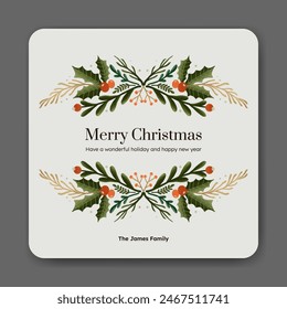 Holiday greetings card with Christmas garland, winter plant. trendy vintage style.