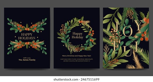 Holiday greetings card with Christmas tree, floral ornament, wreath  or garland winter plant. trendy vintage style.