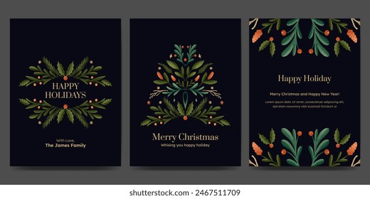 Holiday greetings card with Christmas tree, floral ornament, wreath  or garland winter plant. trendy vintage style.