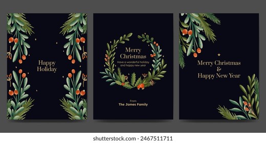 Holiday greetings card with Christmas tree, floral ornament, wreath  or garland winter plant. trendy vintage style.