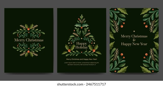 Holiday greetings card with Christmas tree, floral ornament, wreath  or garland winter plant. trendy vintage style.