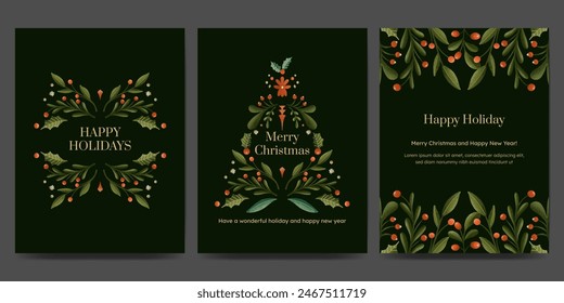 Holiday greetings card with Christmas tree, floral ornament, wreath  or garland winter plant. trendy vintage style.