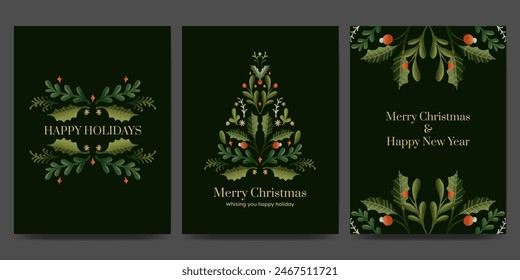 Holiday greetings card with Christmas tree, floral ornament, wreath  or garland winter plant. trendy vintage style.