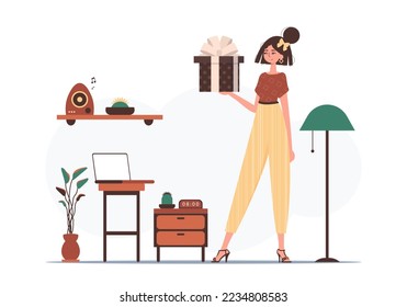 Holiday greetings concept. A young woman is holding a gift box.