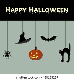 holiday grey background for Halloween party with hanging decorations. Pattern for greeting or invitation to a party. Pattern for wrapping paper or scrapbook. Baby vector illustration