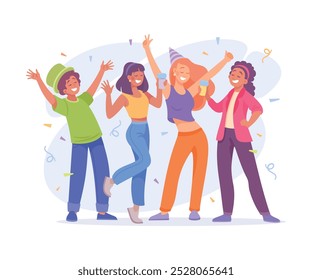 Holiday with Group of Man and Woman Cheering Vector Illustration