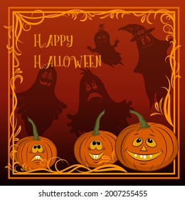 Holiday Halloween Background, Cartoons Pumpkins Jack O Lantern and Ghosts Silhouettes. Vector