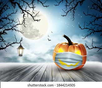 Holiday Halloween background with pumpkin wearing medical face mask. Halloween facial mask as a symbol for disease control coronavirus or covid-19. Vector.