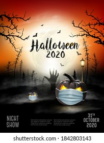 Holiday Halloween background with pumpkins wearing medical face mask and silhouettes of bats, dead trees and big moon. Halloween festival in Covid-19. Coronavirus concept. Vector