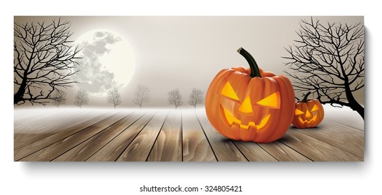 Halloween-Banner mit Kürbis und Mond. Vektorgrafik