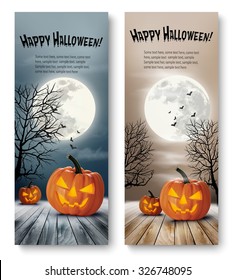 Holiday Halloween Banners with Pumpkins and Moon. Vector