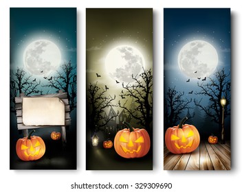 Holiday Halloween Banners with Pumpkins and Wooden Sign. Vector