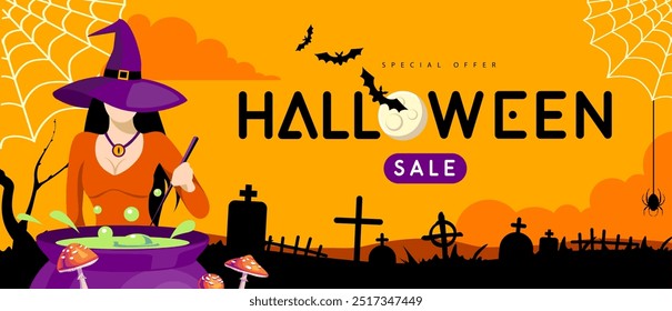 Festiva Halloween Anuncio de venta grande con bruja joven en sombrero y poción mágica. Fondo espeluznante de Halloween. Ilustración vectorial