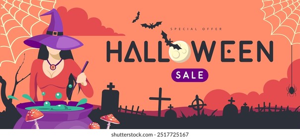 Holiday Halloween big sale banner with young witch in hat and magic potion. Halloween spooky background. Vector illustration