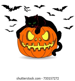 Holiday Halloween. Black cat lies on a pumpkin, cartoon on a white background.Vector.