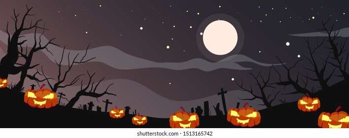 Holiday Halloween. Black silhouettes of pumpkins on the cemetery on night sky background. Graveyard and broken trees. Vector illustration