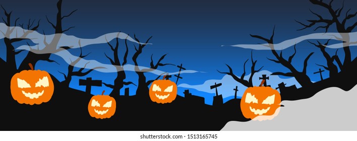 Holiday Halloween. Black silhouettes of pumpkins on the cemetery on night sky background. Graveyard and broken trees. Vector illustration