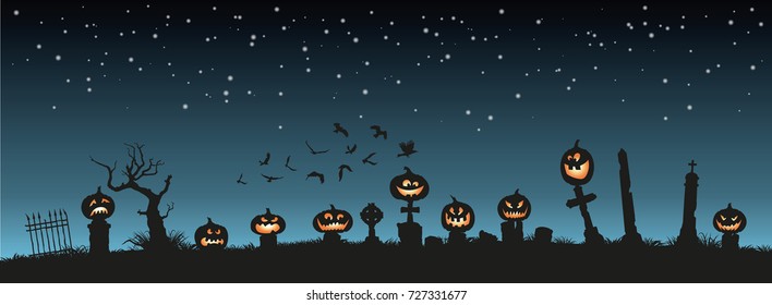 Holiday Halloween. Black silhouettes of pumpkins on the cemetery on night sky background. Graveyard and broken trees. Vector illustration