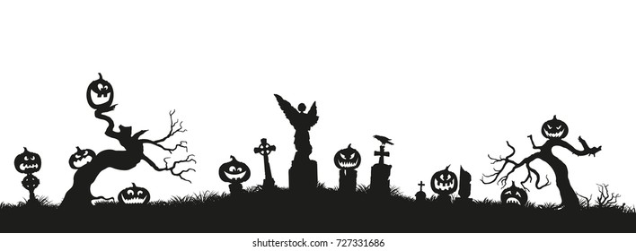 Holiday Halloween. Black silhouettes of pumpkins on the cemetery on white background. Graveyard and broken trees. Vector illustration