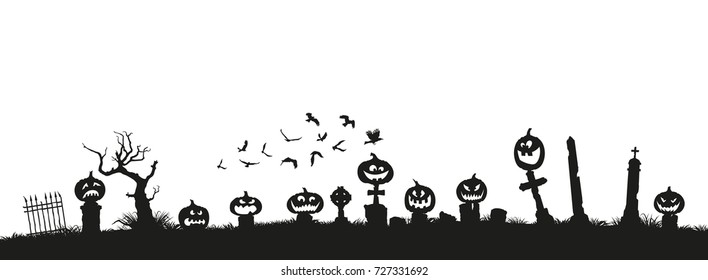 Holiday Halloween. Black silhouettes of pumpkins on the cemetery on white background. Graveyard and broken trees. Vector illustration