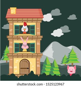 Holiday Halloween, 
chicken, rabbit and pig, night sky background. Vector illustration