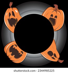 Festividad de Halloween círculo de bienvenida, invitación, tarjeta, plantilla, fondo, afiche, cubierta, banner - agujero negro y jack de calabaza o linterna 