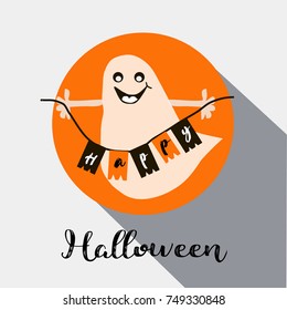 with the holiday of Halloween, the ghost is holding the inscription with a happy, vector