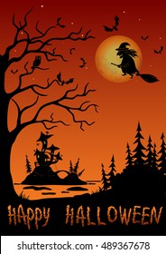 Holiday Halloween Landscape, Black Silhouettes Witch on Broom, Trees and Marsh with Castle Mushroom, Owl, Bats and Moon in Sky. Vector