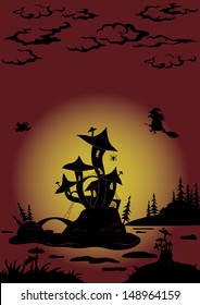 Holiday Halloween landscape with magic Castle - mushroom and witch. Vector