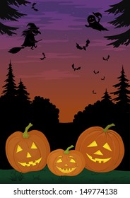 Holiday Halloween landscape with pumpkins Jack O Lantern and witches, ghosts and bats. Vector