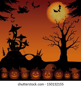 Holiday Halloween landscape with pumpkins Jack O Lantern, trees and magic Castle - mushroom. Vector