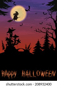 Holiday Halloween night landscape with witch and magic Castle - mushroom. Elements of this image furnished by NASA (www.visibleearth.nasa.gov). Vector