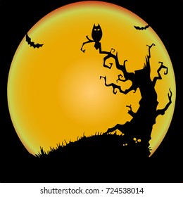 Holiday Halloween, the night of a terrible tree and an owl, illustration silhouette.Vector