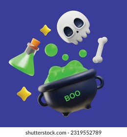 Holiday Halloween set of decorative elements in plastic cartoon style. Skull and bone, witch cauldron with bubbling green liquid, magic potion in glass bottel. Vector Realistic 3d illustration