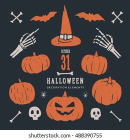 Holiday Halloween. Set of decorative vector elements for the design of your project. Orange witch hat, skulls, bones, bats and pumpkins.
