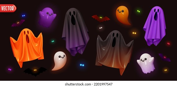 Holiday Halloween set themed decorative elements for design  Realistic 3d objects in cartoon style  Ghosts fly and scary evil faces  good ghosts   bats  burning eyes  vector illustration