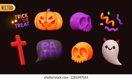 Holiday Halloween set of themed decorative elements for design. Realistic 3d objects in cartoon style. Pumpkin and skull, ghost and cross, confetti and text trick or treat. vector illustration