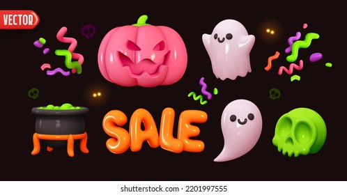 Holiday Halloween set themed decorative elements for design  Realistic 3d objects in cartoon style  Magic potion cauldron  pumpkin evil face  cute ghost  confetti   sale text  vector illustration