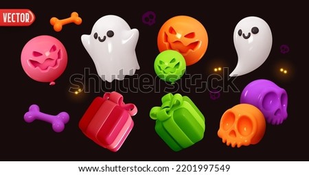 Holiday Halloween set of themed decorative elements for design. Realistic 3d objects in cartoon style. Skull and bones, white ghost and gift box, balloon with evil face smile. vector illustration